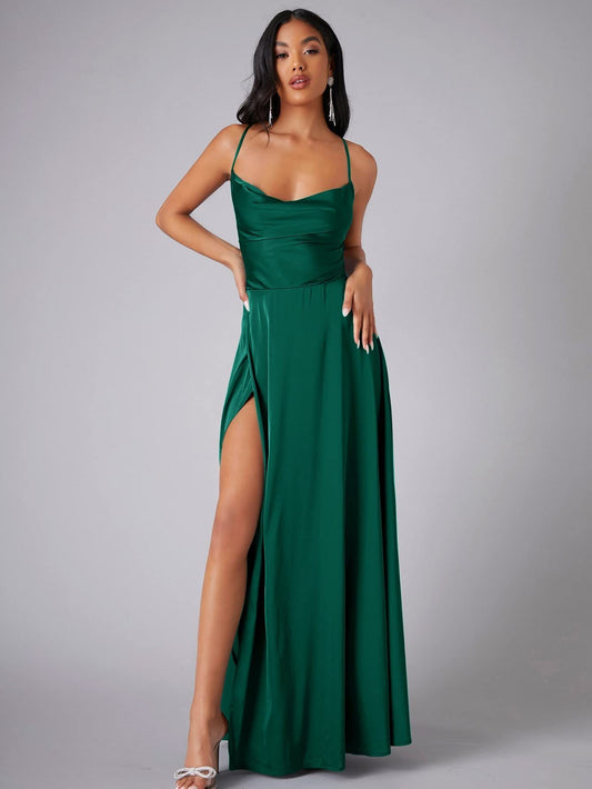 Satin Cowl Neck Wrap Style Gown Dress