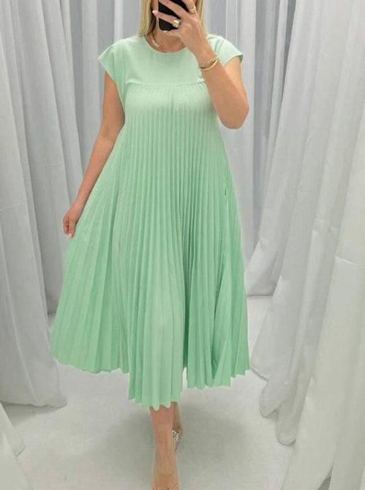 Short Sleeve Pleated Long Round Neck Summer Dress