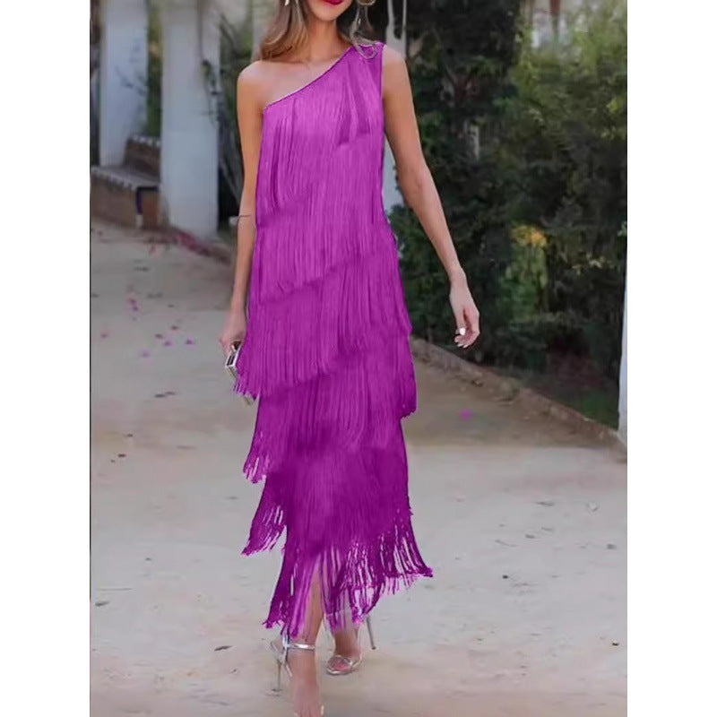 Tassel Tiered One-shoulder Dress