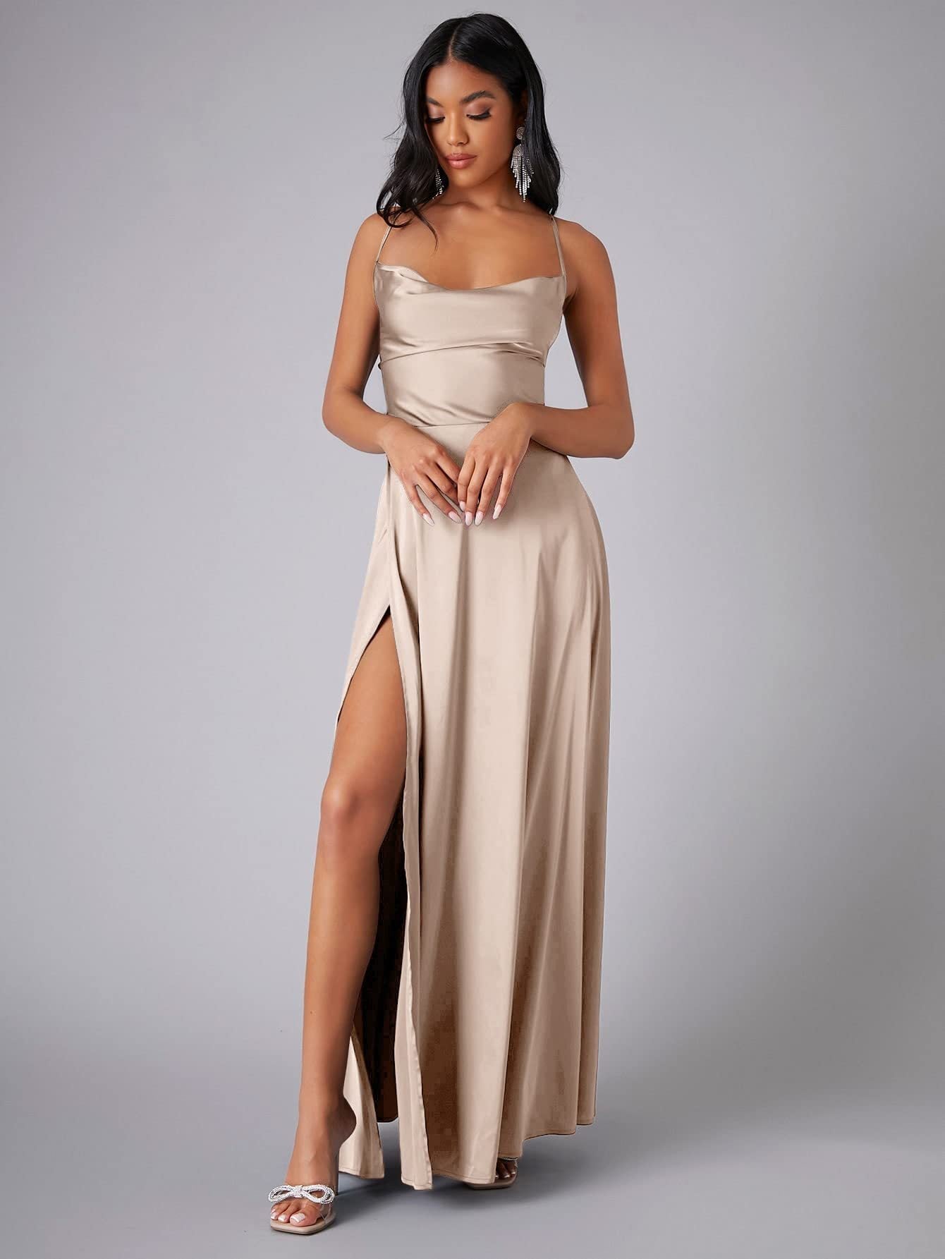Satin Cowl Neck Wrap Style Gown Dress