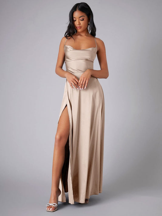 Satin Cowl Neck Wrap Style Gown Dress
