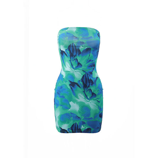 Tube Top Flower Print Slim Sheath Short Dress