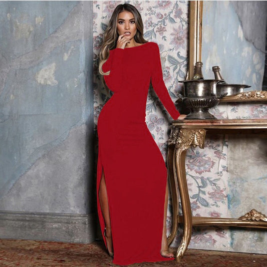 Solid Color Side Slit Long-sleeved Maxi Dress