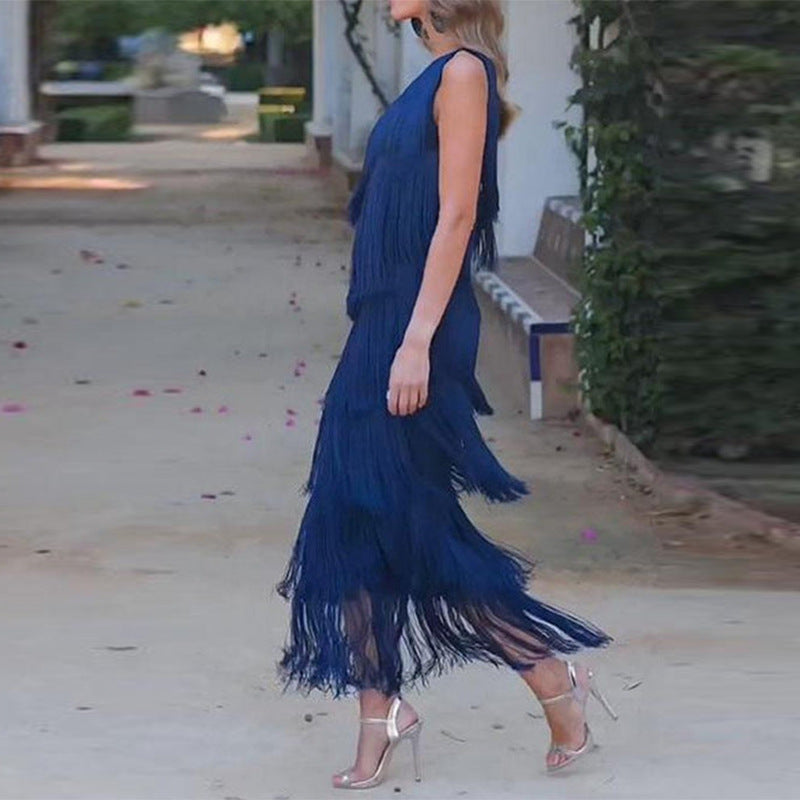 Tassel Tiered One-shoulder Dress
