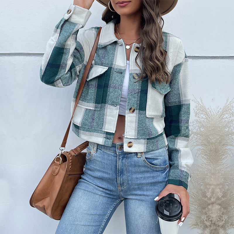 Plaid Lapel Cropped Jacket With Pockets