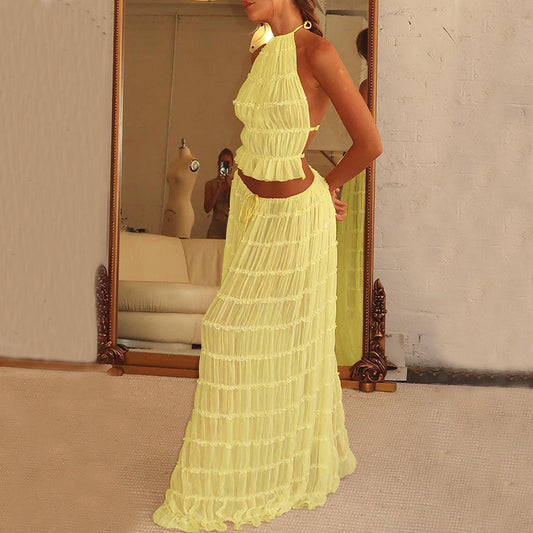 Sheer Backless Cropped Halter Top And Pleated Long Dress Co-ord Set