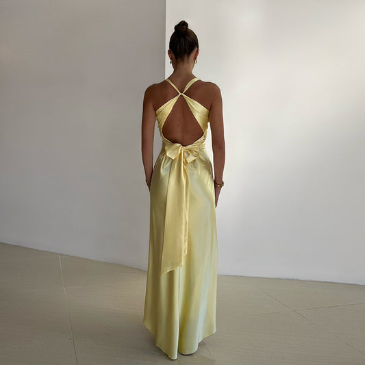 Backless Bow Satin Halter Dress