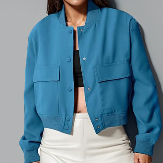 Cropped Button Stand-collar Jacket With Big Pockets