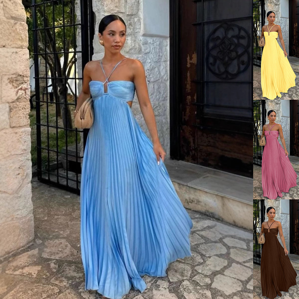 Pleated Sleeveless Sling Dress