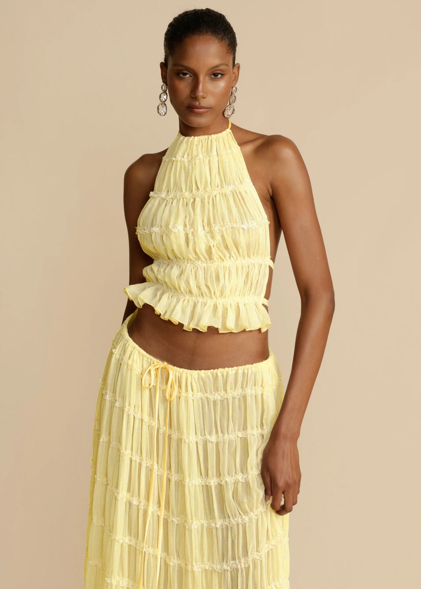 Sheer Backless Cropped Halter Top And Pleated Long Dress Co-ord Set