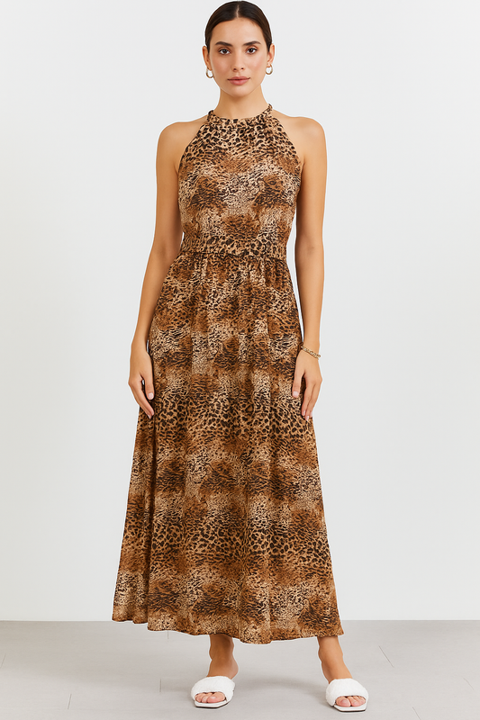 Wild Elegance Leopard Print Halter Maxi Dress
