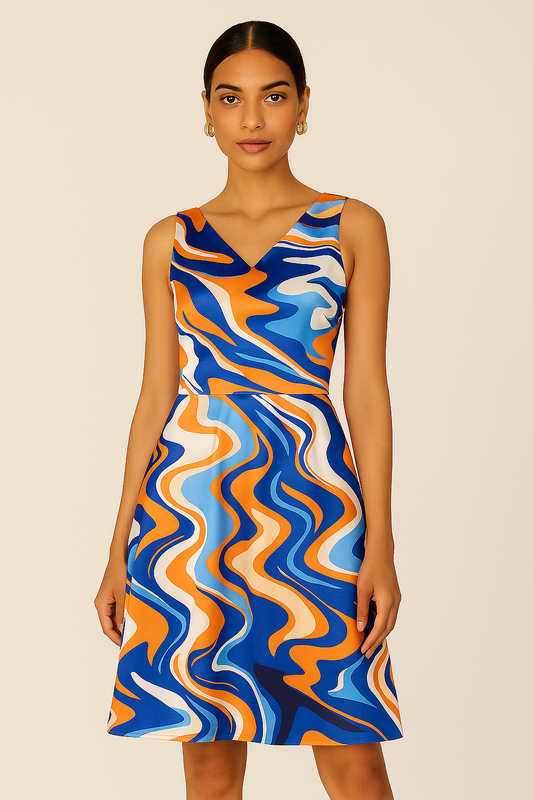 Vibrant Wave Print Sleeveless A-Line Dress