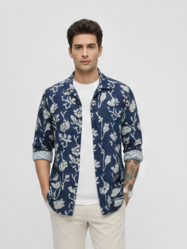 Floral Indigo Long Sleeve Cotton Printed Shirt