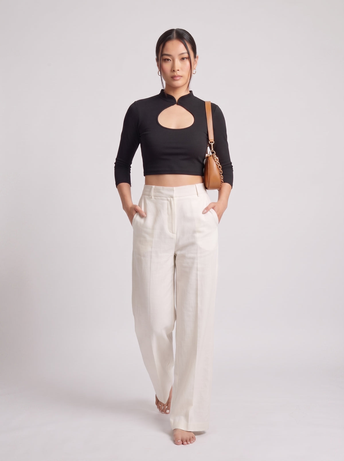 Mandarin Collar Cut-out Crop Top