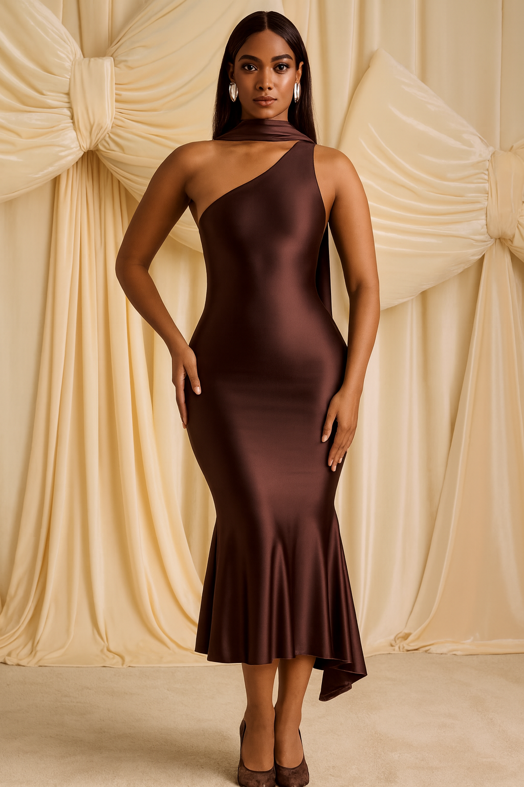 One-Shoulder Satin Mermaid Midi Dress