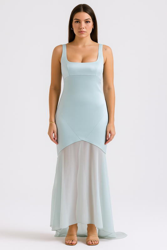 Elegant Satin Bodice Chiffon Flare Evening Gown