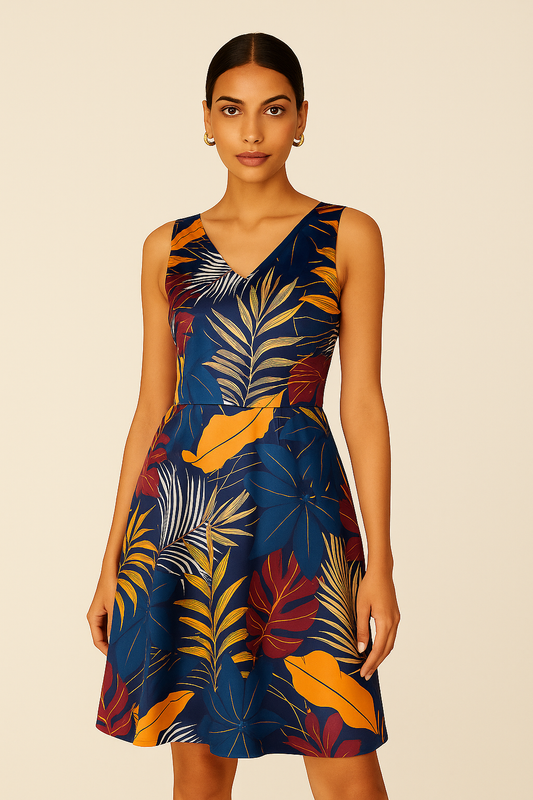 Tropical Bloom V-Neck Sleeveless Fit & Flare Dress