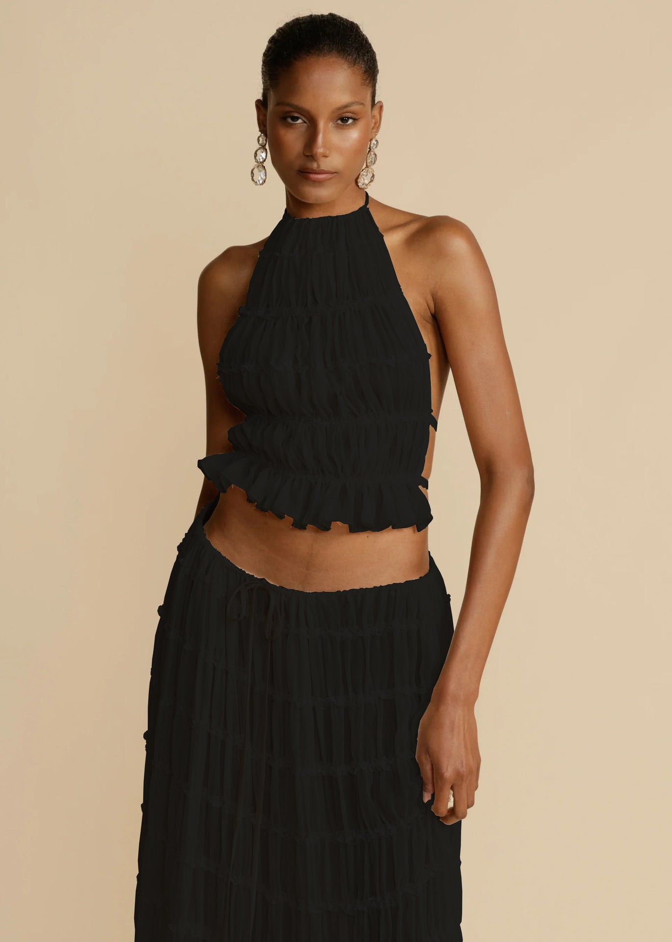 Sheer Backless Cropped Halter Top And Pleated Long Dress Co-ord Set