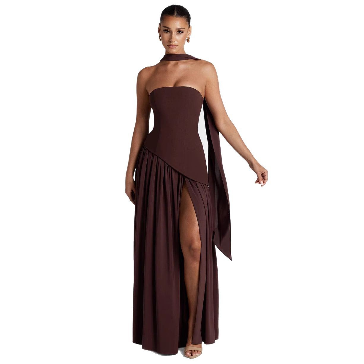 Tube Asymmetric Gathered Dress with Stole