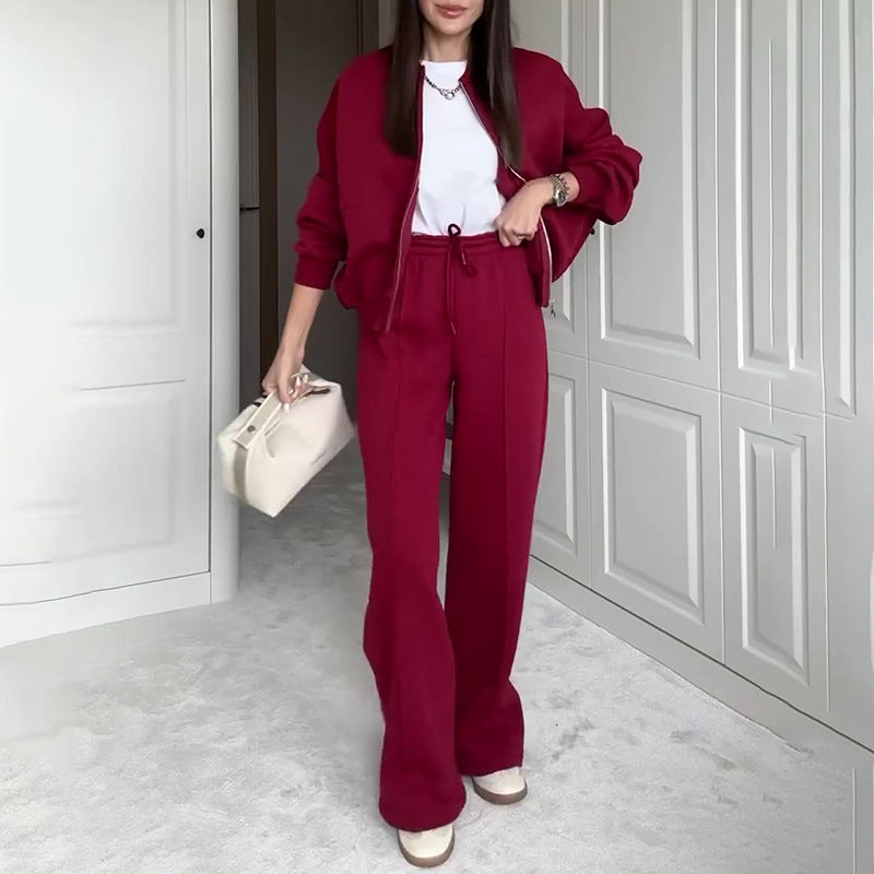 Solid Color Loose Zip Sweater & Casual Trousers Co-ord Set