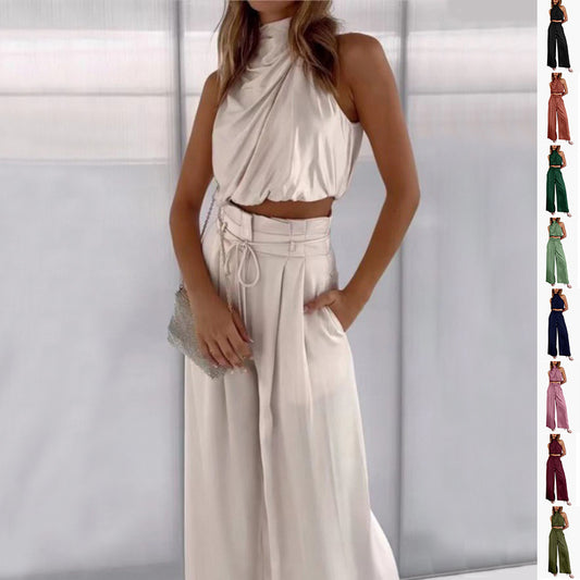 Sleeveless Midriff-baring Top & Wide Leg Pants Co-ord Set