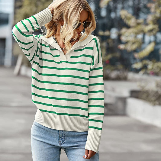 V-neck Long Sleeve Striped Sweater Top