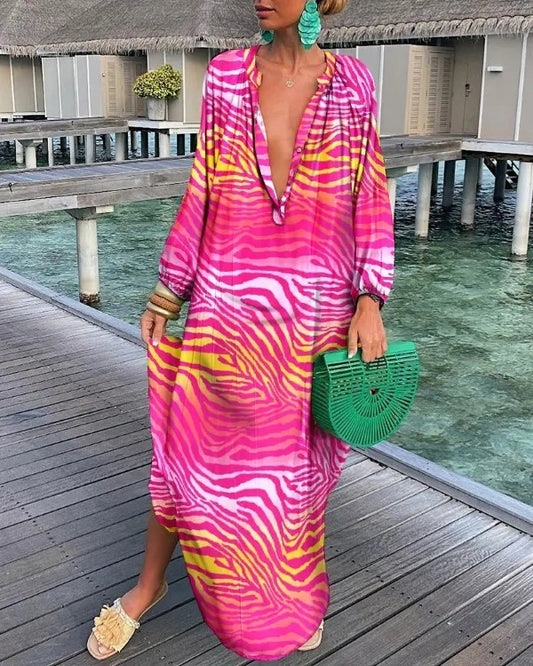 Printed Long Sleeve V-Neck Swing Loose Long Dress