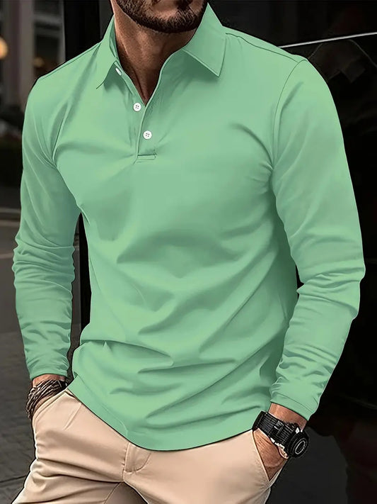 Buckle Men's Daily Casual Polo Collar Long Sleeve Shirt