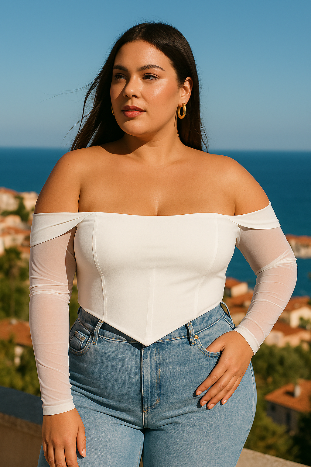 Off-shoulder Mesh Corset Top