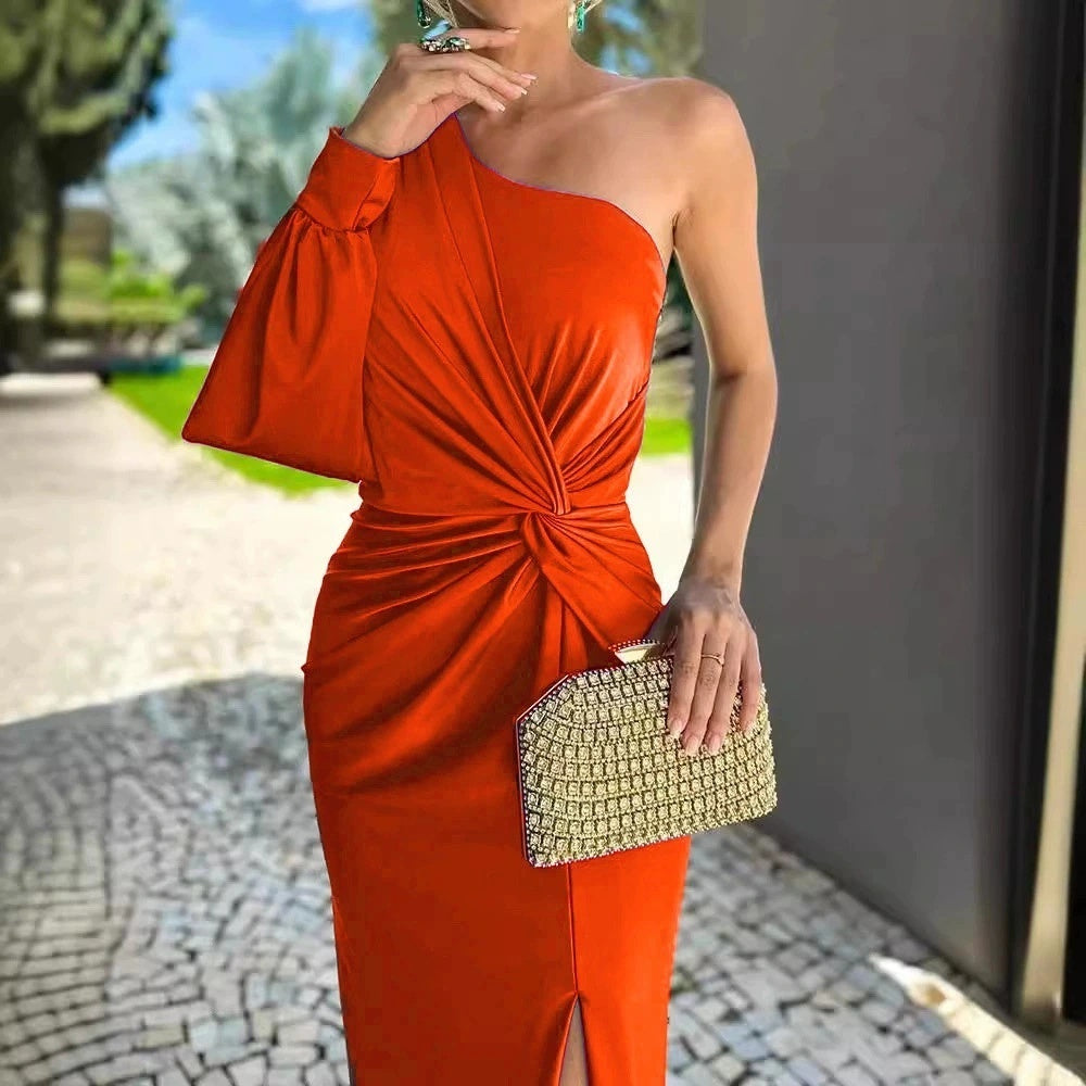 One Shoulder Knot Slit Solid Color Slim Fit Dress
