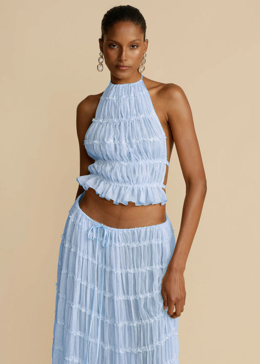 Sheer Backless Cropped Halter Top And Pleated Long Dress Co-ord Set