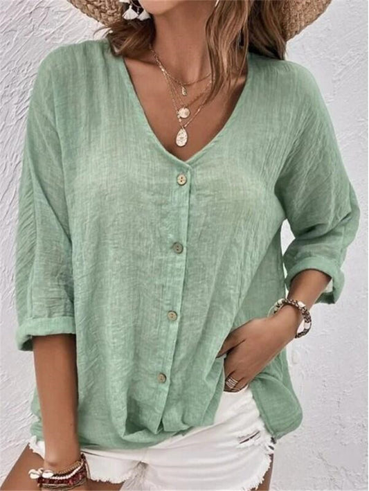 V-neck Button-down Chiffon Long Sleeve Top