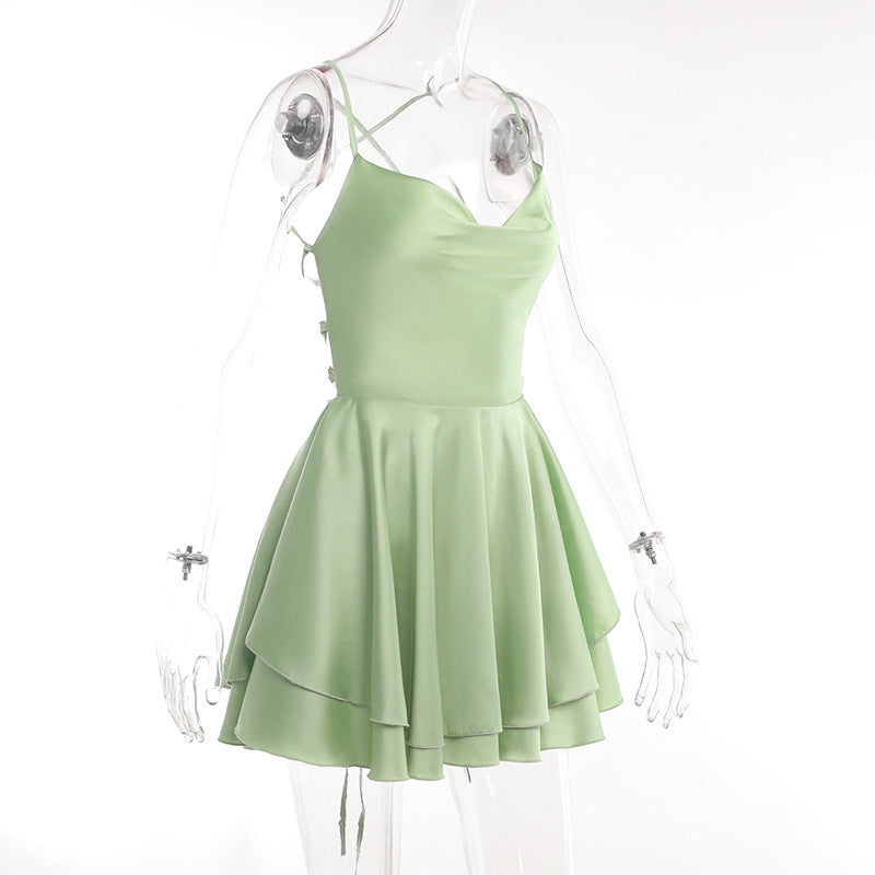 Satin Backless Lace Up A-Line Short Dress