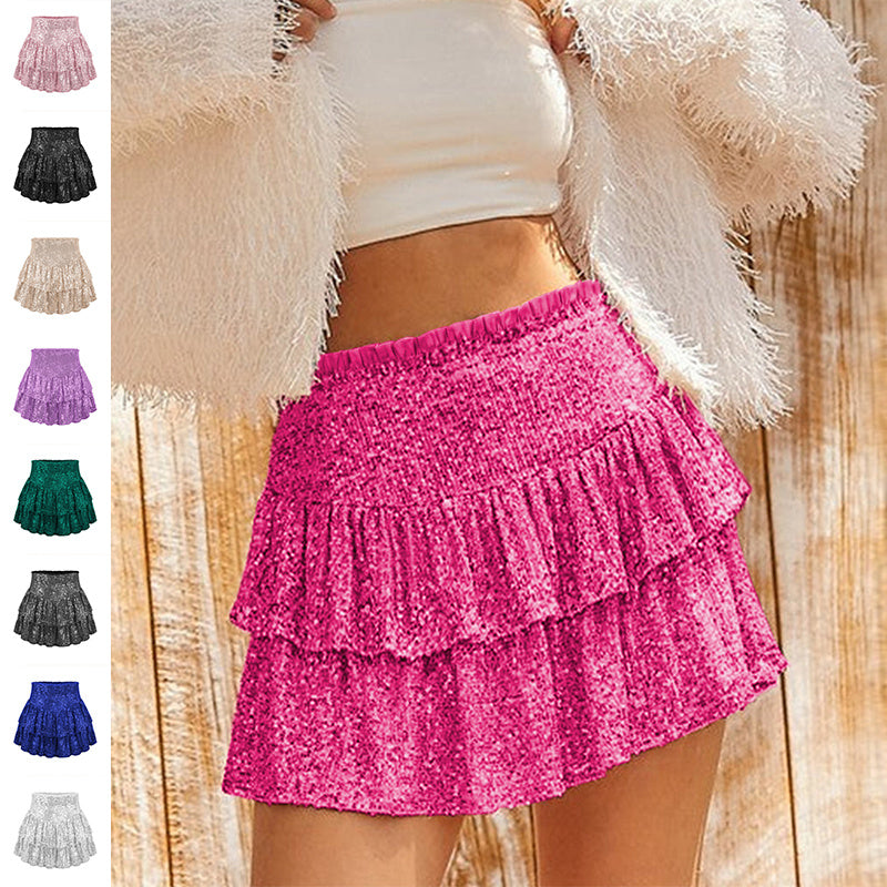 High Waist Sequined Pleated Short Skirt