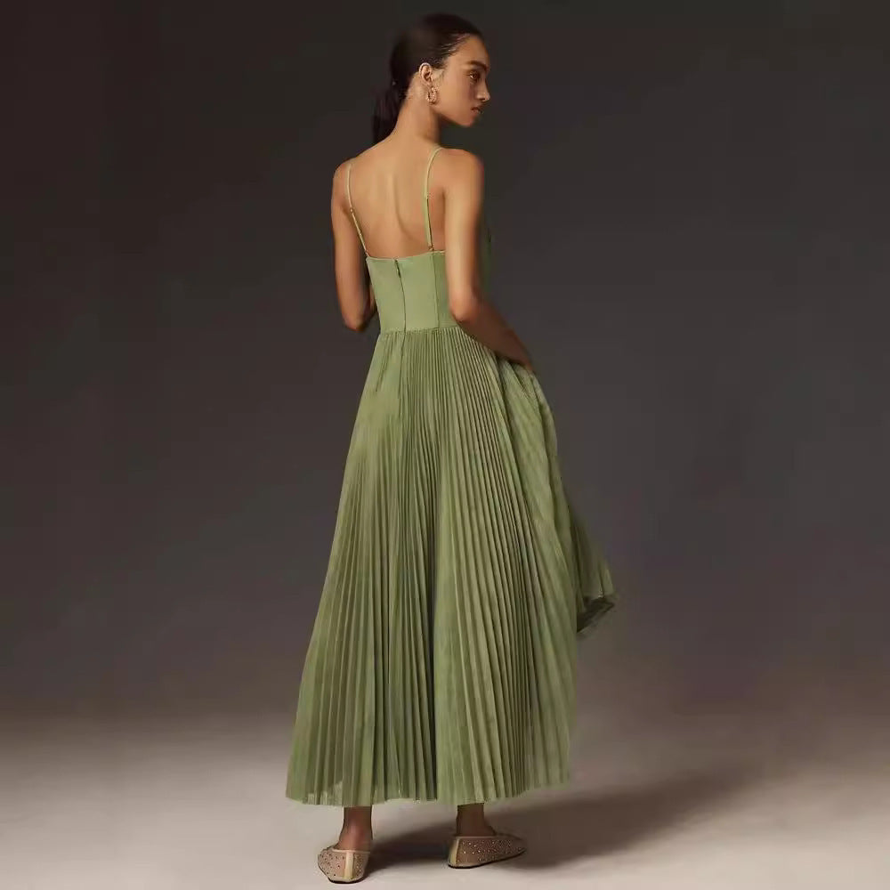 Sling Backless Strappy Midi Pleated Dress
