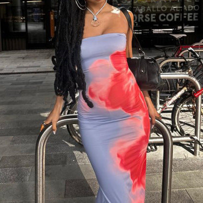 Printed Slim Slit Tube Long Dress