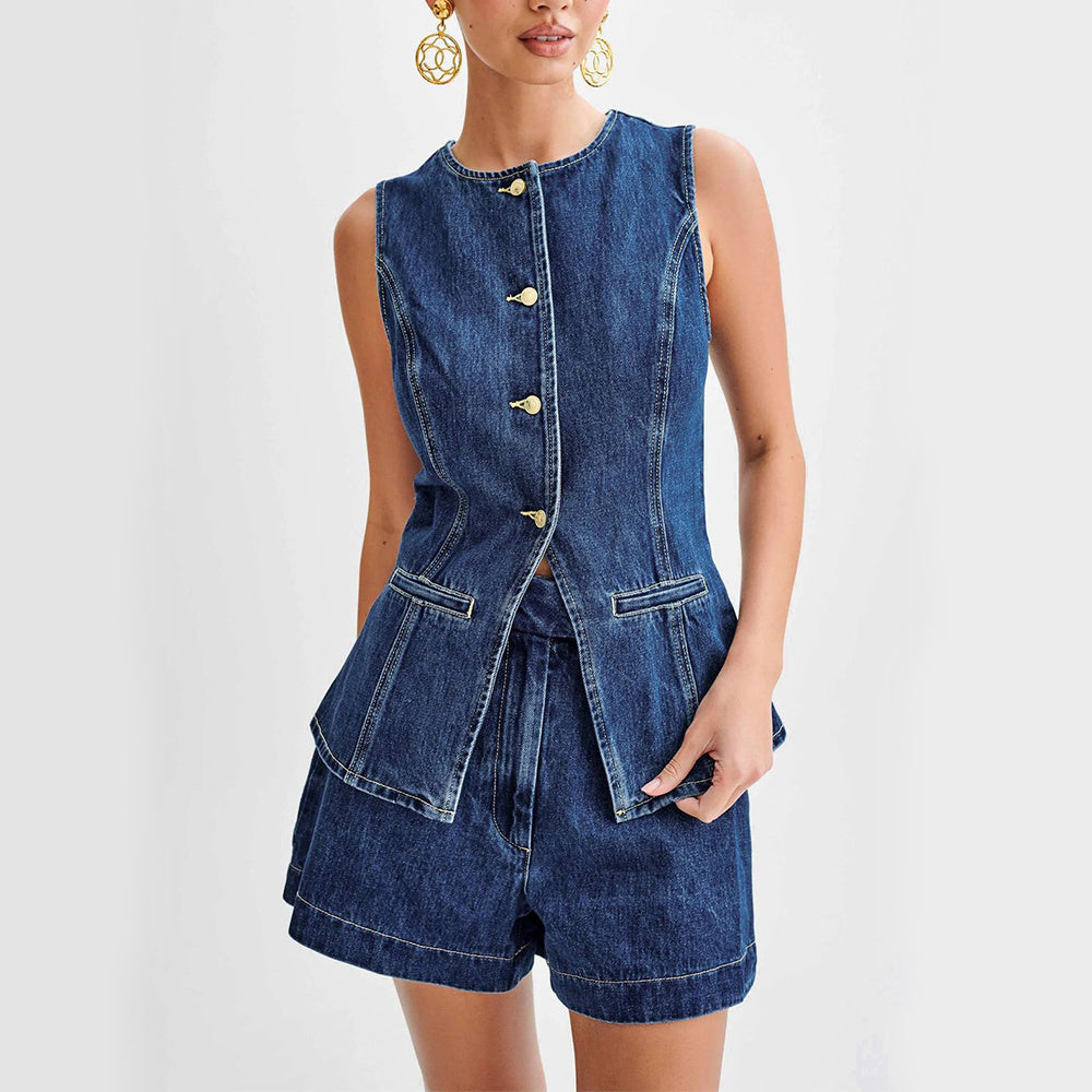 Denim Sleeveless Button Vest Top And High Waist Shorts Set