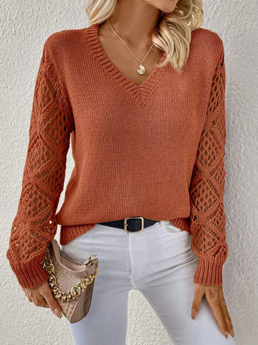 V-neck Pullover Sweater With Hollow Long Sleeve