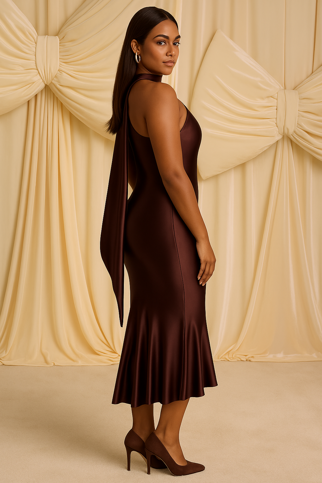 One-Shoulder Satin Mermaid Midi Dress