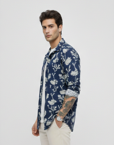Floral Indigo Long Sleeve Cotton Printed Shirt