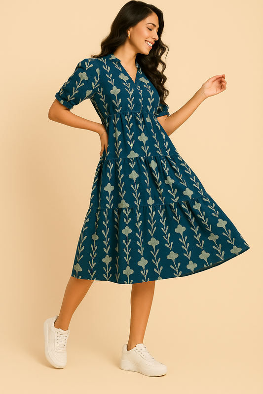 Navy Floral Tiered Midi Dress with Puff Sleeves