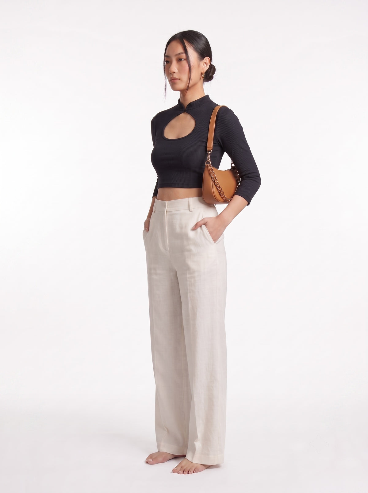 Mandarin Collar Cut-out Crop Top