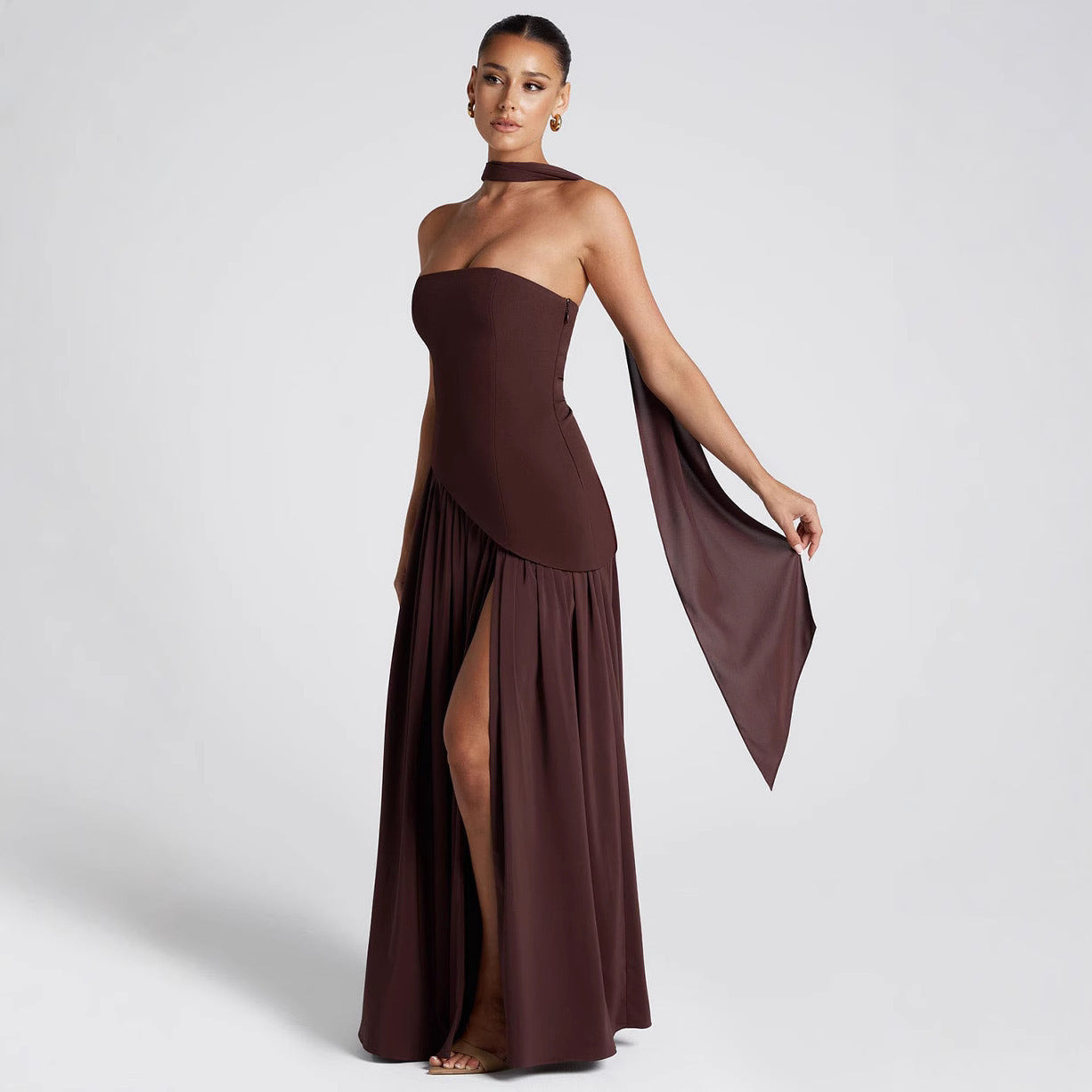 Tube Asymmetric Gathered Dress with Stole