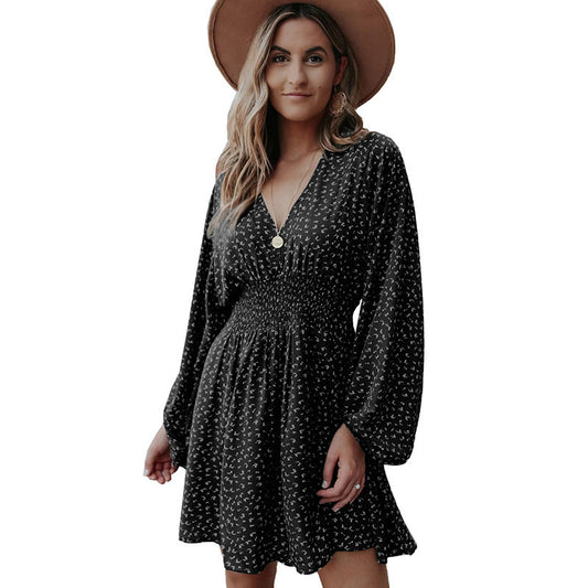 Polka Dot V-neck Long Sleeve Pleated Waist Dress