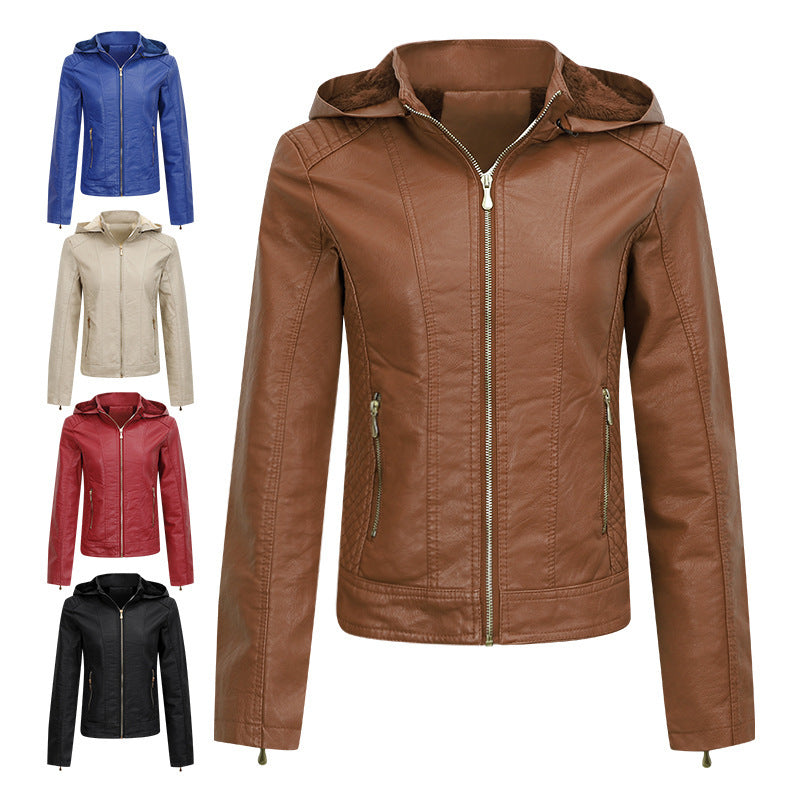 Fleece Lined Hooded Leather Jacket With Pockets