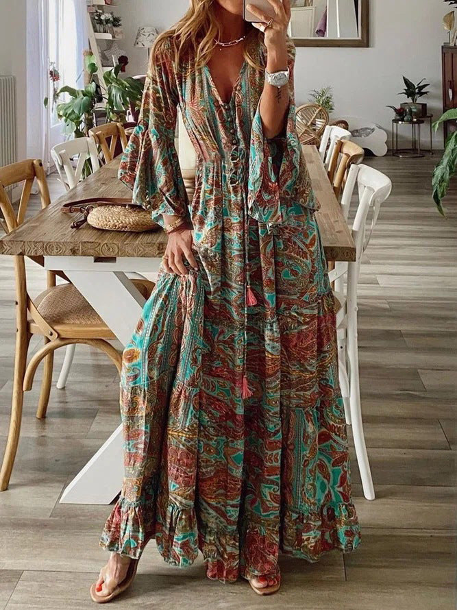 Bohemian Flare Sleeve Printed V-neck High Waist Floral Dress