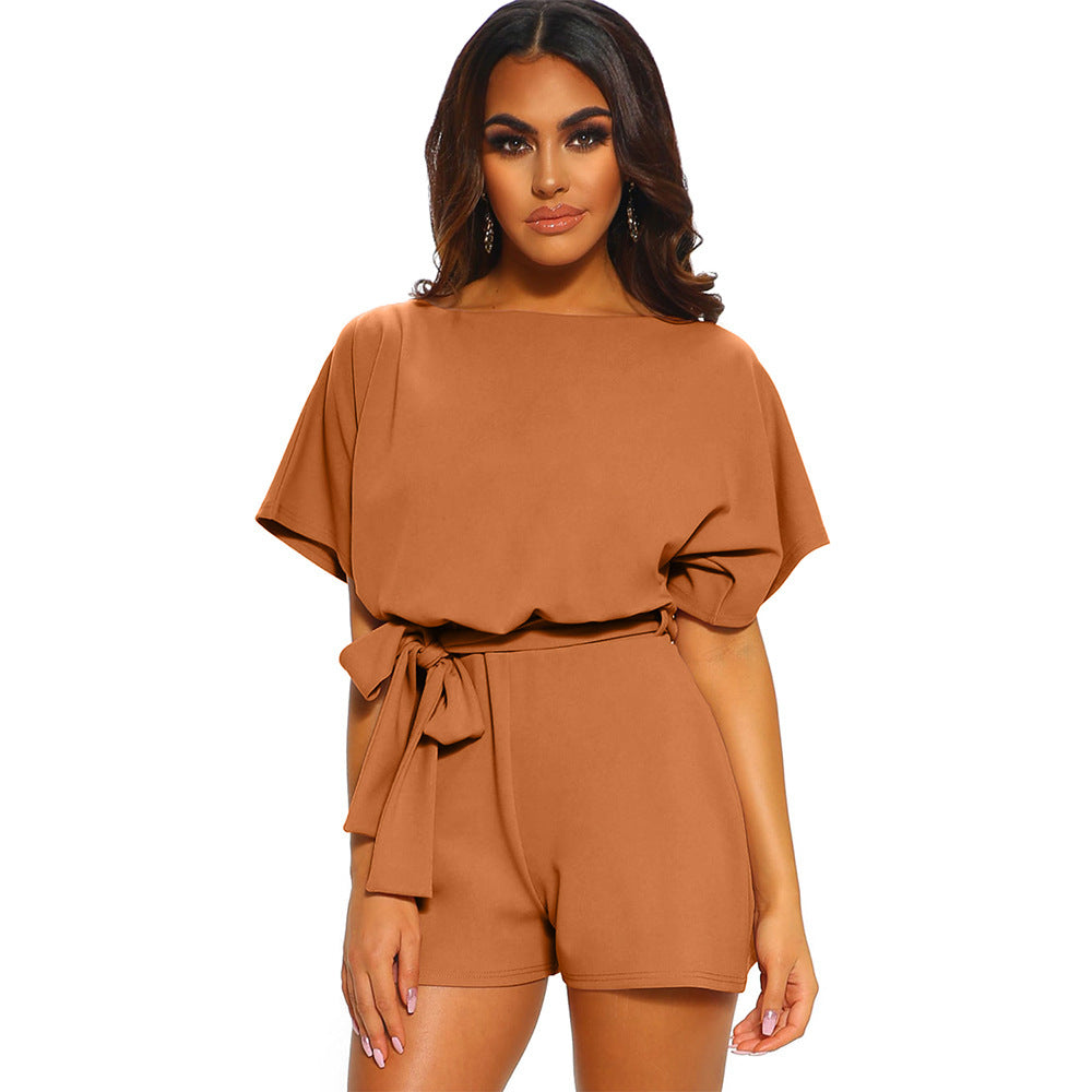 Round Neck Short-sleeved Waist Tie-up Jumpsuit