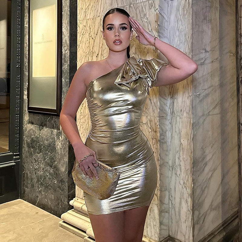 Bow Shoulder Metallic Dress