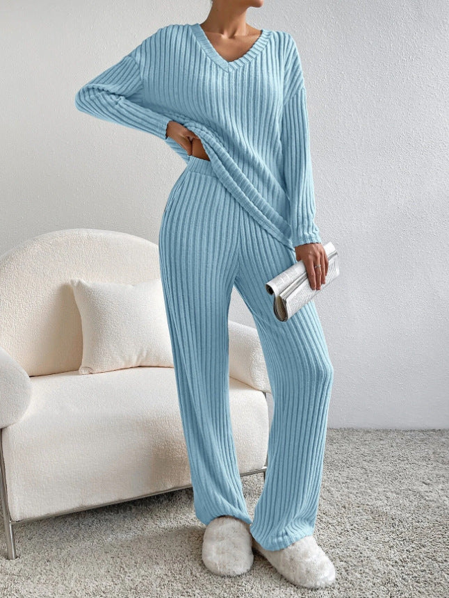 Solid Striped V-neck Long-sleeved Top & Casual Straight Pants Co-ord Set