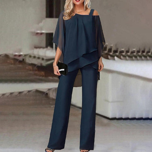 Asymmetrical Batwing Sleeve Top & Straight Trousers Co-ord Set